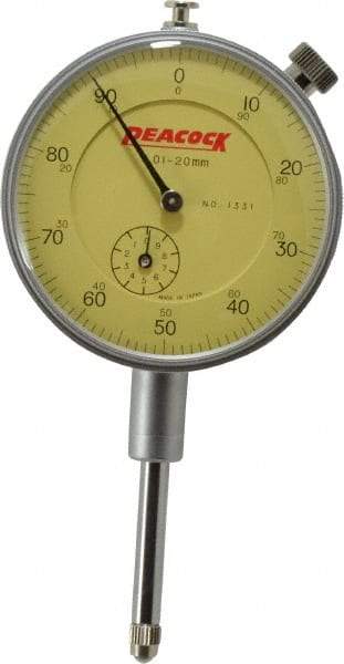 Peacock - 20mm Range, 0-100 Dial Reading, 0.01mm Graduation Dial Drop Indicator - 2-3/64" Dial, Revolution Counter - Exact Tool & Supply