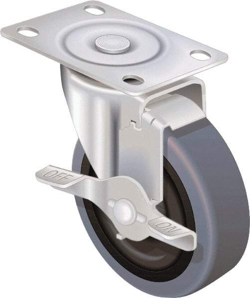 Shepherd - 5" Diam x 15/16" Wide x 5-3/4" OAH Top Plate Mount Swivel Caster with Brake - Soft Rubber, 135 Lb Capacity, Nylon Bearing, 2-5/8 x 3-3/4" Plate - Exact Tool & Supply