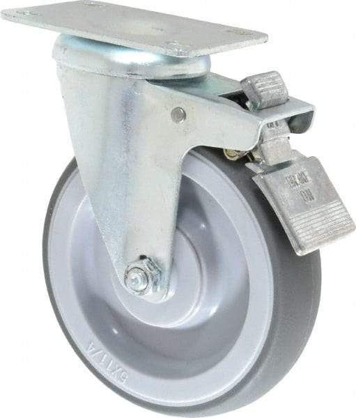 Shepherd - 5" Diam x 1-1/4" Wide x 6-1/4" OAH Top Plate Mount Swivel Caster with Brake - TPR, 200 Lb Capacity, Ball Bearing, 2-5/8 x 3-3/4" Plate - Exact Tool & Supply