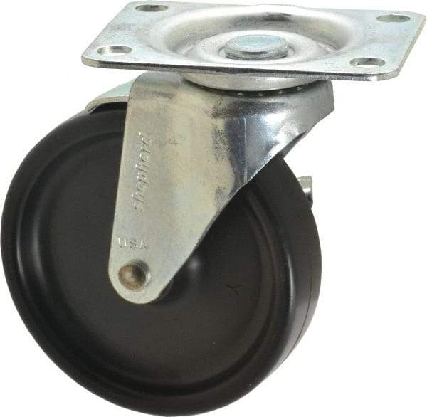 Shepherd - 4" Diam x 15/16" Wide x 4-3/4" OAH Top Plate Mount Swivel Caster with Brake - Polyolefin, 150 Lb Capacity, Plain Bearing, 2-5/8 x 3-3/4" Plate - Exact Tool & Supply