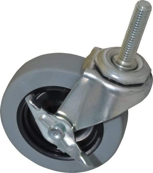 Shepherd - 3" Diam x 13/16" Wide x 3-1/2" OAH Stem Mount Swivel Caster with Brake - Polyurethane, 120 Lb Capacity, Plain Bearing, 3/8-16 x 1-1/2" Threaded Stem - Exact Tool & Supply