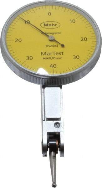Mahr - 0.4 mm Range, 0.01 mm Dial Graduation, Horizontal Dial Test Indicator - 38 mm Yellow Dial, 0-40-0 Dial Reading - Exact Tool & Supply
