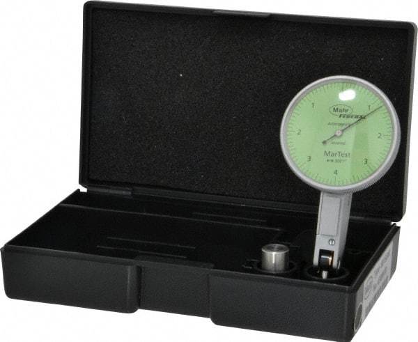 Mahr - 0.004 Inch Range, 0.0001 Inch Dial Graduation, Horizontal Dial Test Indicator - 1-1/2 Inch Green Dial, 0-4-0 Dial Reading - Exact Tool & Supply