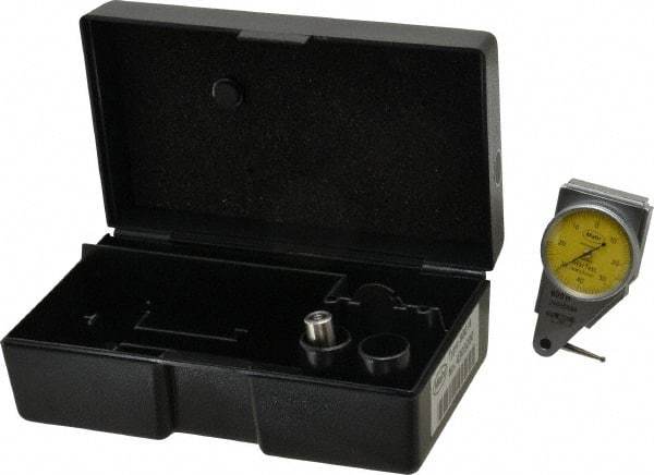 Mahr - 0.4 mm Range, 0.01 mm Dial Graduation, Horizontal Dial Test Indicator - 27.5 mm Yellow Dial, 0-40-0 Dial Reading - Exact Tool & Supply
