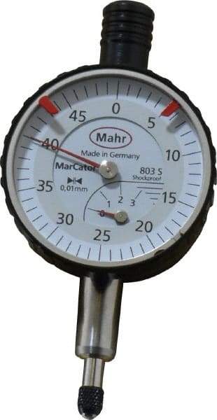 Mahr - 3mm Range, 0-45 Dial Reading, 0.01mm Graduation Dial Drop Indicator - 34mm Dial, 0.01mm Range per Revolution - Exact Tool & Supply