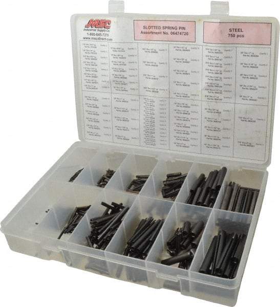 Made in USA - 750 Piece, 1/16 to 7/16" Pin Diam, Spring Pin Assortment - Steel - Exact Tool & Supply