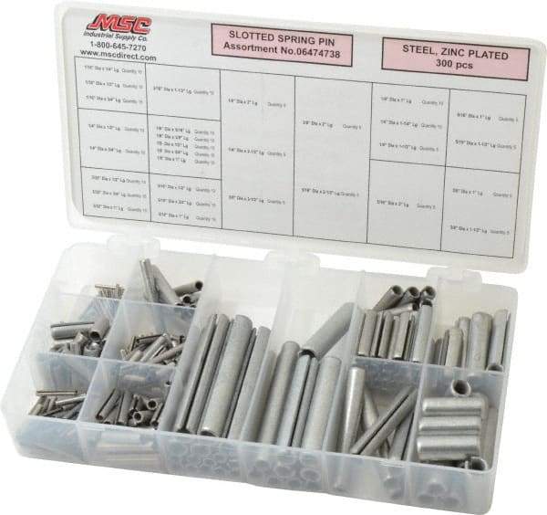 Made in USA - 300 Piece, 1/16 to 3/8" Pin Diam, Spring Pin Assortment - Zinc, Zinc Plated - Exact Tool & Supply