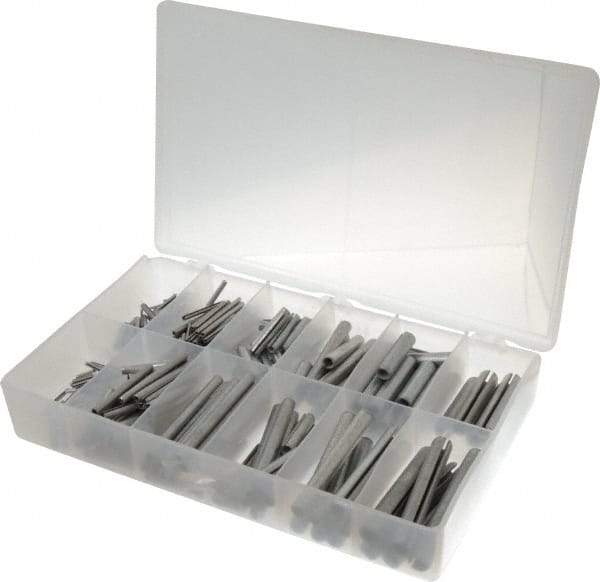 Made in USA - 500 Piece, 1/16 to 7/16" Pin Diam, Spring Pin Assortment - Zinc, Zinc Plated - Exact Tool & Supply
