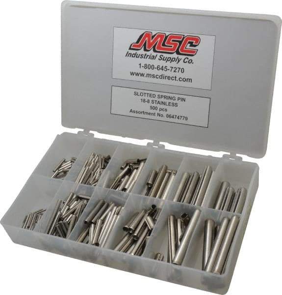 Made in USA - 500 Piece, 1/16 to 7/16" Pin Diam, Spring Pin Assortment - 18-8 Stainless Steel - Exact Tool & Supply