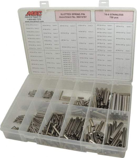 Made in USA - 750 Piece, 1/16 to 7/16" Pin Diam, Spring Pin Assortment - 18-8 Stainless Steel - Exact Tool & Supply