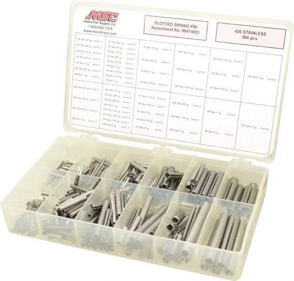 Made in USA - 500 Piece, 1/16 to 7/16" Pin Diam, Spring Pin Assortment - 420 Stainless Steel - Exact Tool & Supply