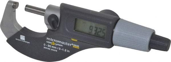 TESA Brown & Sharpe - 0 to 1.2" Range, 0.0001" Resolution, Standard Throat, Electronic Outside Micrometer - 0.0002" Accuracy, Friction Thimble, Carbide Tipped Face, CR2030 Battery, Includes Plastic Case - Exact Tool & Supply