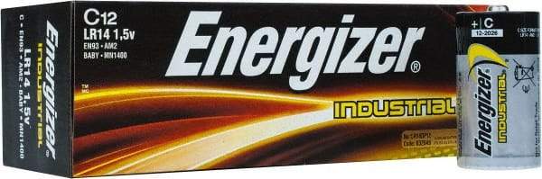 Energizer - Size C, Alkaline, 12 Pack, Standard Battery - 1.5 Volts, Button Tab Terminal, LR14, ANSI, IEC Regulated - Exact Tool & Supply