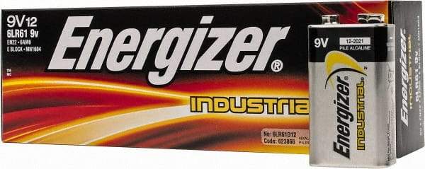 Energizer - Size 9V, Alkaline, 12 Pack, Standard Battery - 9 Volts, Miniature Snap Terminal, 6LR61, ANSI, IEC Regulated - Exact Tool & Supply