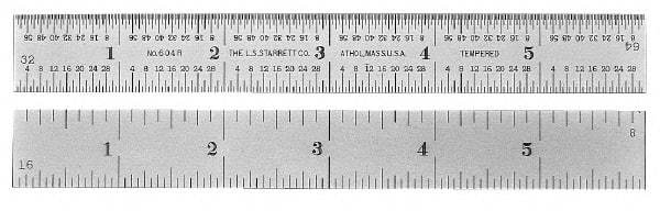 PEC Tools - 36" Long, 1/100, 1/64, 1/32, 1/10" Graduation, Rigid Steel Rule - 5R Graduation Style, 1-1/4" Wide, Silver, Satin Chrome Finish - Exact Tool & Supply