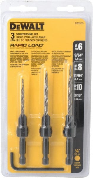DeWALT - 3 Piece, 0.13 to 0.19" Head Diam, 77 to 83° Included Angle, Single End Countersink Set - Exact Tool & Supply