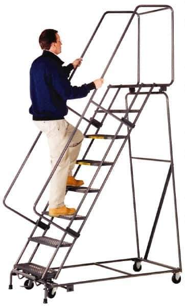 Ballymore - 143" 11 Step Ladder - Lock Step Rolling Safety Ladder, 450 Lb Capacity, 110" Platform Height, 32" Base Width x 80" Depth, Heavy-Duty Serrated Grating - Exact Tool & Supply