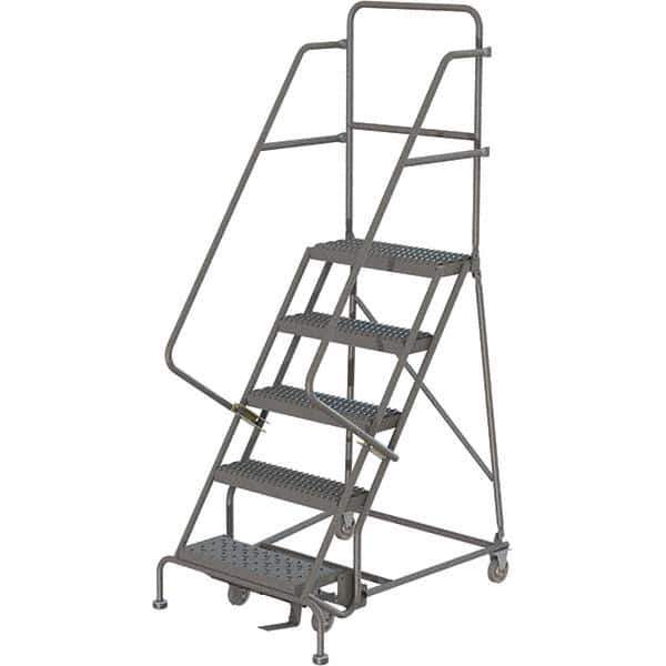 TRI-ARC - 86" 5 Step Rolling Platform Ladder - 450 Lb Capacity, 50" Platform Height, 24" Base Width x 42" Depth, Serrated Tread - Exact Tool & Supply