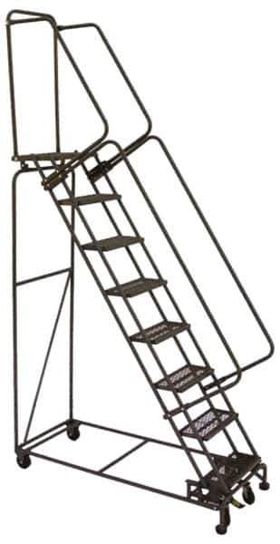 Ballymore - 123" 9 Step Ladder - Lock Step Rolling Safety Ladder, 450 Lb Capacity, 90" Platform Height, 32" Base Width x 68" Base Depth, Perforated Tread - Exact Tool & Supply
