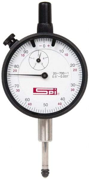 SPI - 1/2" Range, 0-100, 0-50-0 Dial Reading, 0.001" Graduation Dial Drop Indicator - 2-1/4" Dial, 0.1" Range per Revolution, Revolution Counter, Includes NPL Traceability Certification - Exact Tool & Supply