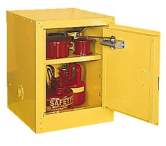 Eagle - 1 Door, 1 Shelf, Yellow Steel Space Saver Safety Cabinet for Flammable and Combustible Liquids - 44" High x 23" Wide x 18" Deep, Manual Closing Door, 3 Point Key Lock, 16 Gal Capacity - Exact Tool & Supply