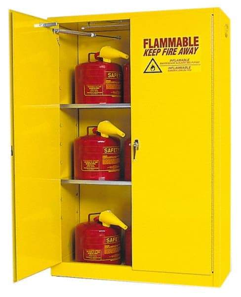 Eagle - 2 Door, 2 Shelf, Yellow Steel Standard Safety Cabinet for Flammable and Combustible Liquids - 65" High x 43" Wide x 18" Deep, Self Closing Door, 3 Point Key Lock, 45 Gal Capacity - Exact Tool & Supply