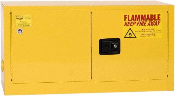 Eagle - 2 Door, Yellow Steel Stackable Safety Cabinet for Flammable and Combustible Liquids - 22-1/4" High x 43" Wide x 18" Deep, Manual Closing Door, 3 Point Key Lock, 15 Gal Capacity - Exact Tool & Supply