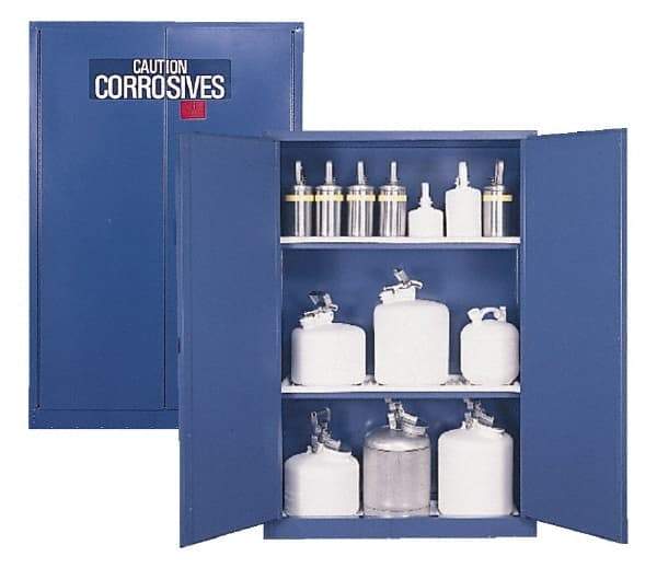 Eagle - 2 Door, 2 Shelf, Blue Steel Standard Safety Cabinet for Corrosive Chemicals - 65" High x 43" Wide x 18" Deep, Manual Closing Door, 3 Point Key Lock, 45 Gal Capacity - Exact Tool & Supply