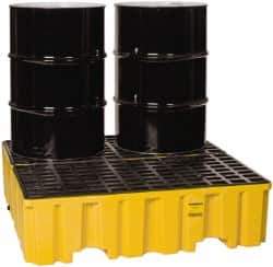 Eagle - 120 Gal Sump, 4,000 Lb Capacity, 4 Drum, Polyethylene Spill Deck or Pallet - 51-1/2" Long x 52.4" Wide x 13-3/4" High, Yellow, Liftable Fork, Drain Included, Vertical, 2 x 2 Drum Configuration - Exact Tool & Supply