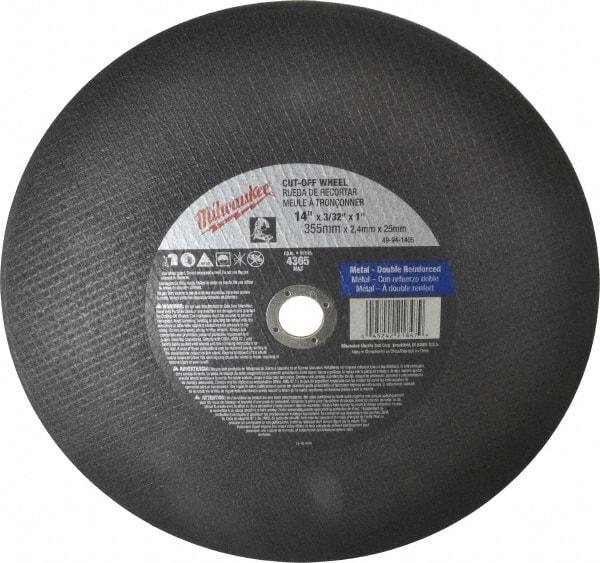 Milwaukee Tool - 14" 36 Grit Aluminum Oxide Cutoff Wheel - 3/32" Thick, 1" Arbor, 4,365 Max RPM, Use with Angle Grinders - Exact Tool & Supply