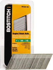 Stanley Bostitch - 15 Gauge 0.07" Shank Diam 1-1/2" Long Finishing Nails for Power Nailers - Steel, Bright Finish, Smooth Shank, Angled Stick Adhesive Collation, Round Head, Chisel Point - Exact Tool & Supply