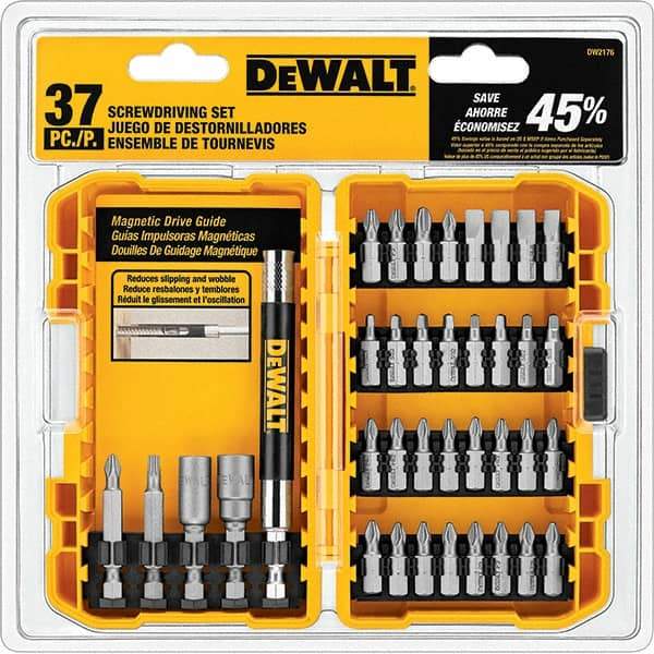 DeWALT - 37 Piece, Screwdriver Bit Set - SQ1, SQ2, SQ3, 1/4" Drive - Exact Tool & Supply