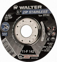 WALTER Surface Technologies - 60 Grit, 4-1/2" Wheel Diam, 3/64" Wheel Thickness, 7/8" Arbor Hole, Type 27 Depressed Center Wheel - Aluminum Oxide, Resinoid Bond, 13,300 Max RPM - Exact Tool & Supply