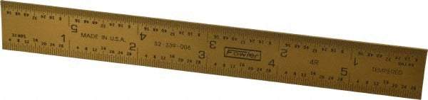 Fowler - 6" Long, 1/64, 1/32, 1/16, 1/8" Graduation, Rigid Steel Rule - 4R Graduation Style, 3/4" Wide, Yellow, Titanium Finish - Exact Tool & Supply