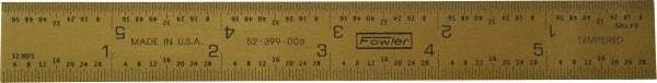 Fowler - 6" Long, 1/64, 1/32" and 0.5, 1mm Graduation, Rigid Steel Rule - English/Metric Graduation Style, 1/2" Wide, Yellow, Titanium Finish - Exact Tool & Supply