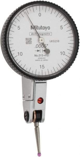 Mitutoyo - 0.03 Inch Range, 0.0005 Inch Dial Graduation, Horizontal Dial Test Indicator - 1.54 Inch White Dial, 0-15-0 Dial Reading, Accurate to 0.0005 Inch - Exact Tool & Supply