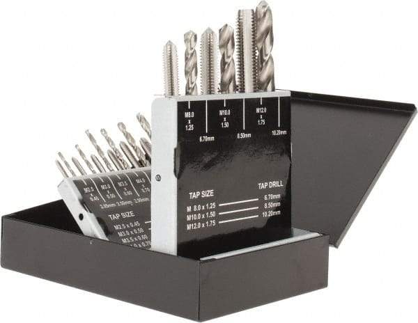 Interstate - 2.05 to 10.2mm Drill, M2.5x0.45 to M12x1.75 Tap, Hand Tap and Drill Set - Bright Finish High Speed Steel Drills, Bright Finish High Speed Steel Taps, Plug Chamfer, 18 Piece Set - Exact Tool & Supply