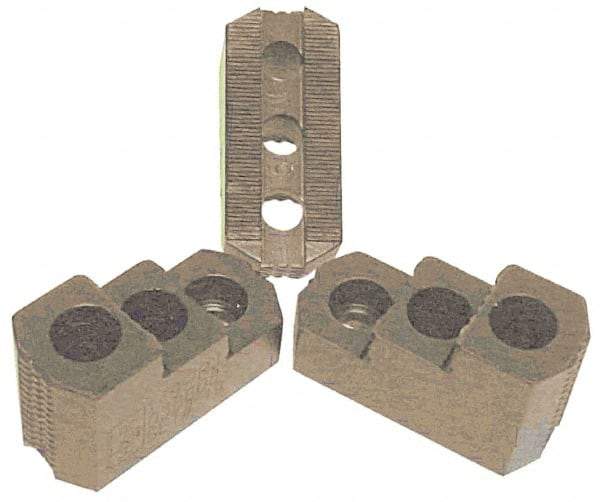 H & R Manufacturing - 15" Max Chuck Diam Compatibility, Case Hardened Steel 1.5mm x 60° Serrated Hard Lathe Top Jaws - 2 Steps, 1" Groove Width, 2-1/2" Wide x 5-1/2" Long x 3-15/32" High - Exact Tool & Supply