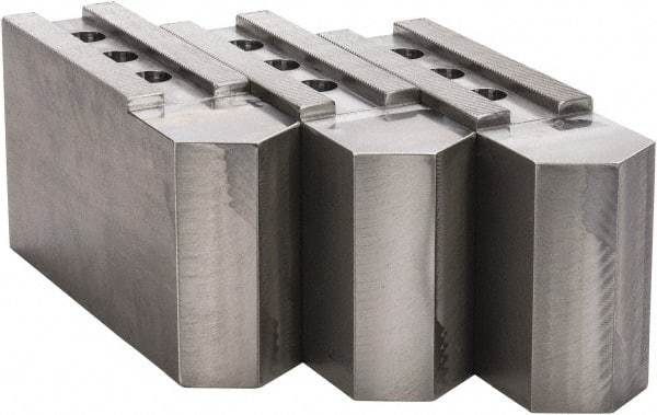 H & R Manufacturing - 16 to 20" Chuck Capacity, 3/32 x 90° Serrated Attachment, Square Soft Lathe Chuck Jaw - 3 Jaws, Steel, 1-9/16" Btw Mount Hole Ctrs, 9" Long x 2-1/2" Wide x 5" High, 1" Groove - Exact Tool & Supply