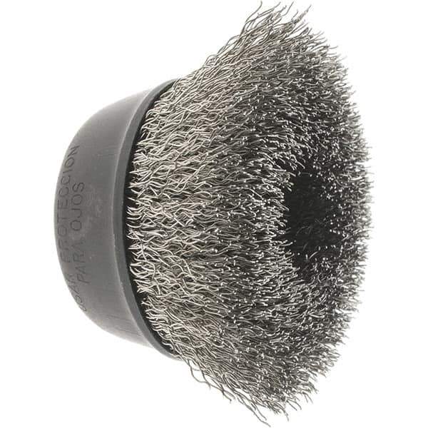 Osborn - 2-3/4" Diam, 5/8-11 Threaded Arbor, Stainless Steel Fill Cup Brush - 0.014 Wire Diam, 1" Trim Length, 14,000 Max RPM - Exact Tool & Supply