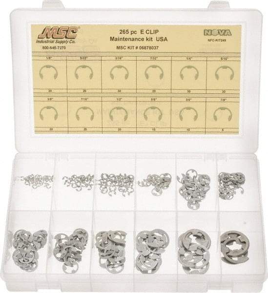Made in USA - 265 Piece, 1/8 to 7/8", Steel, E Style External Retaining Ring Assortment - Includes Compartmented Case, Specification Labels - Exact Tool & Supply
