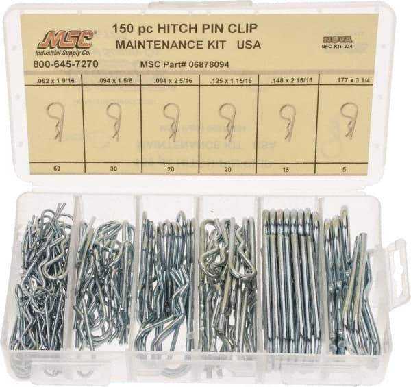 Value Collection - 150 Piece, 1/16 to 3/16" Pin Diam, Hitch Pin Assortment - 1-9/16 to 3-1/4" Long, Spring Steel - Exact Tool & Supply