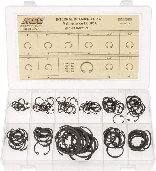 Made in USA - 150 Piece, 1/2 to 1-3/4", SpRing Assortment Steel, Snap Internal Retaining Ring Assortment - Includes Compartmented Case - Exact Tool & Supply
