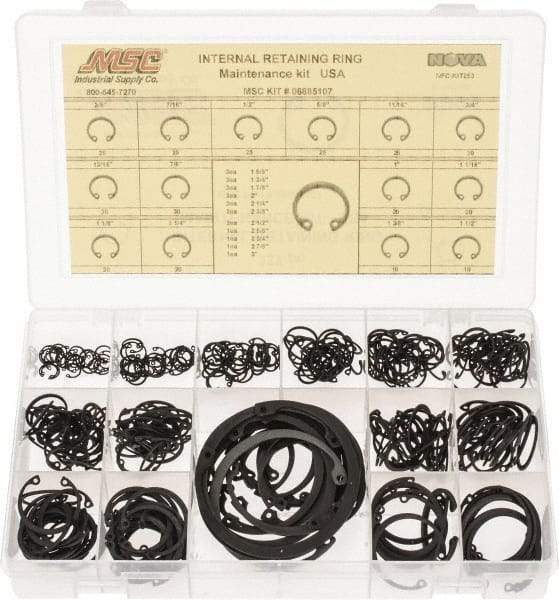 Made in USA - 337 Piece, 3/8 to 3", SpRing Assortment Steel, Snap Internal Retaining Ring Assortment - Includes Compartmented Case - Exact Tool & Supply