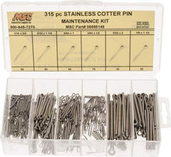 Value Collection - 315 Piece, 1/16 to 1/8" Pin Diam, Cotter Pin Assortment - 3/64 to 5/32" Long, Stainless Steel - Exact Tool & Supply