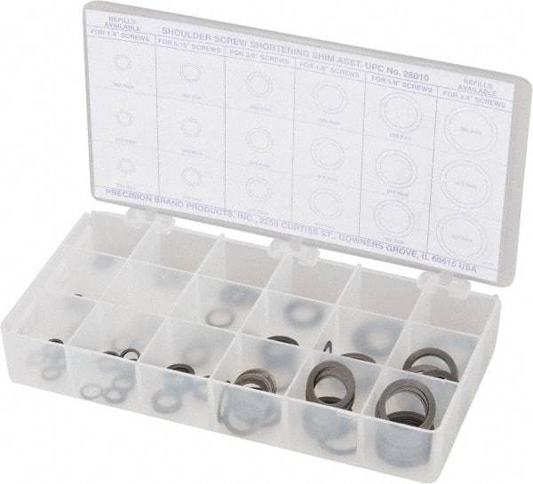 Precision Brand - 270 Piece, 1/4 to 3/4" Screw, Grade 1075 Spring Steel Flat Washer Assortment - Includes (15) 0.501 Inside x 0.738 OD Washer, (45) 0.252 to 0.751 Inside x 0.366 to 0.995 OD Washer & Compartmented Storage Case - Exact Tool & Supply