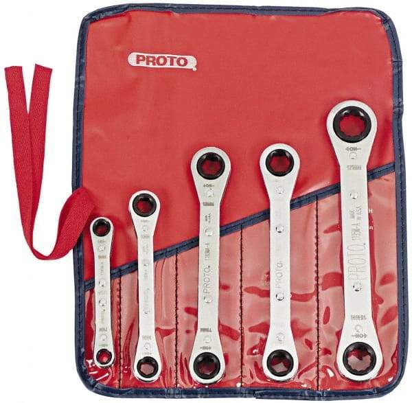 Proto - 5 Piece, 7mm to 17mm, 6, 12 Point Ratcheting Box Wrench Set - Metric Measurement Standard, Chrome Finish, Comes in Pouch - Exact Tool & Supply