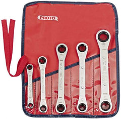 Proto - 5 Piece, 7mm to 17mm, 6, 12 Point Ratcheting Box Wrench Set - Metric Measurement Standard, Chrome Finish, Comes in Pouch - Exact Tool & Supply