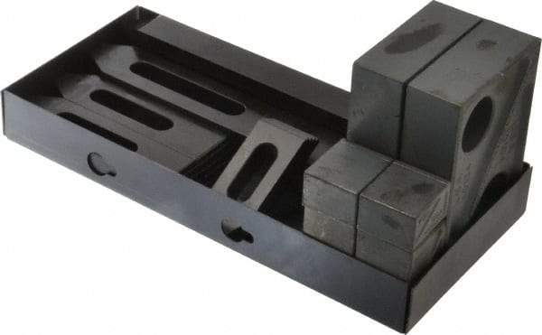 TE-CO - 13 Piece Fixturing Step Block & Clamp Set with 1" Step Block, 5/16 & 3/8 Stud Thread - Includes 6 Serrated End Clamps, 6 Step Blocks, Holder - Exact Tool & Supply