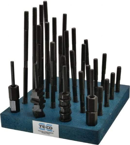 TE-CO - 38 Piece, 3/8-16 Stud, 7/16" T Slot, T Nut & Stud Kit - 11/16" T-Slot Nut Width, 3, 4, 5, 6, 7, 8" Stud Lengths - Exact Tool & Supply